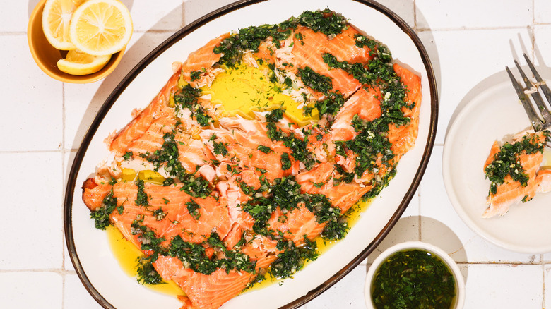 Plate of hot smoked salmon