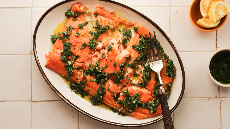 Platter of hot smoked salmon