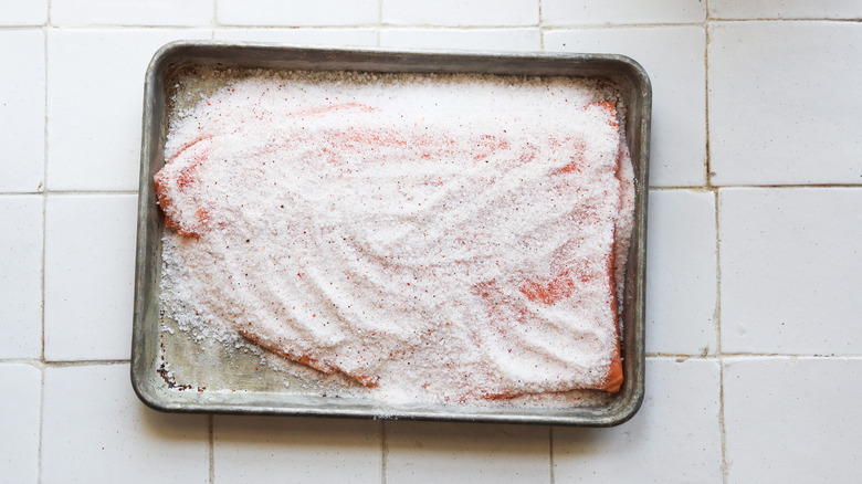 Raw salmon in salt cure