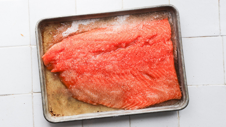 Cured raw salmon on tray