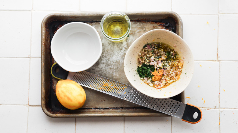 Lemon zest in salsa verde bowls