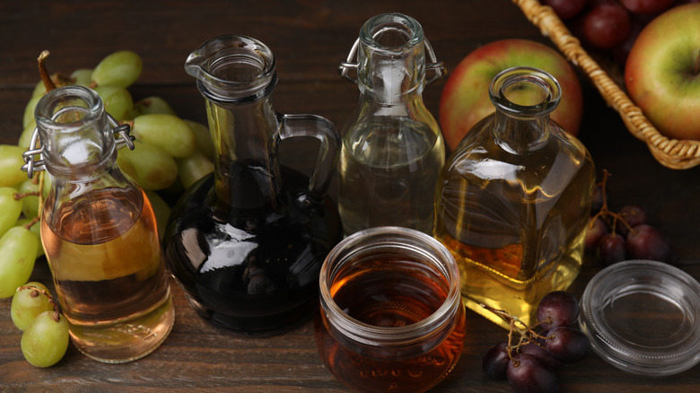 Bottles of different vinegars.