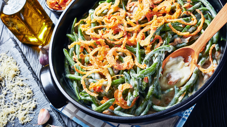 green bean casserole in skillet