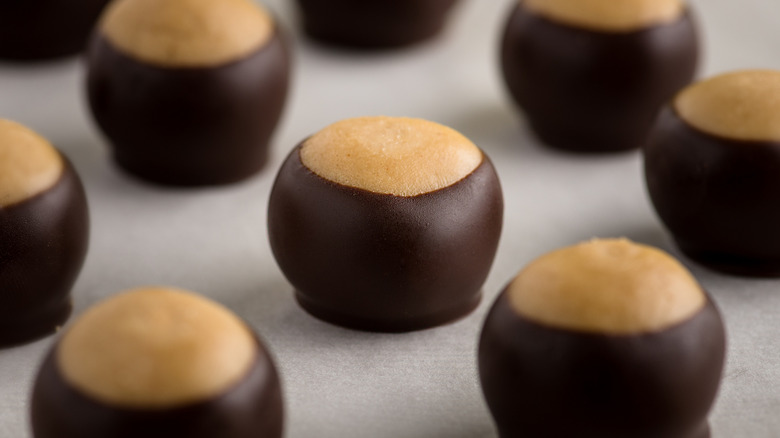 Tray of chocolate peanut butter buckeyes