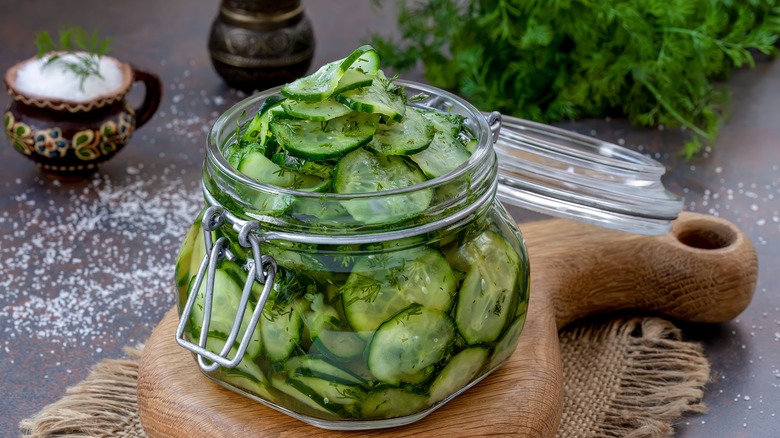 pickled cucumbers in a jar