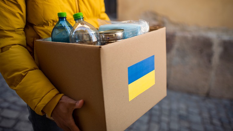 Food donation box printed with the Ukrainian flag