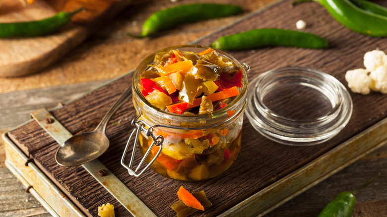 Jar of spicy pickled homemade giardiniera