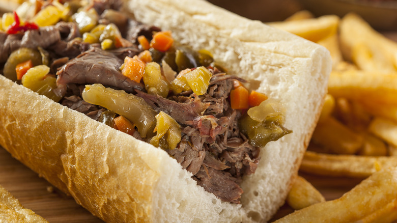 An Italian beef sandwich with giardiniera