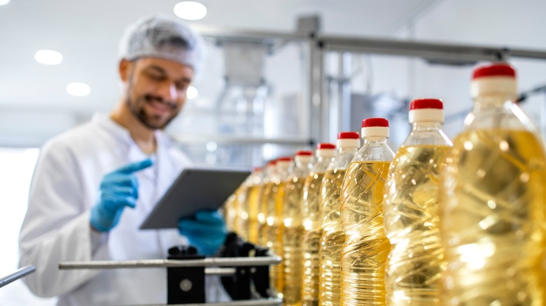 Employee checking vegetable oil production