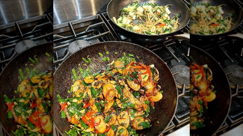 Homemade plant-based dishes in woks