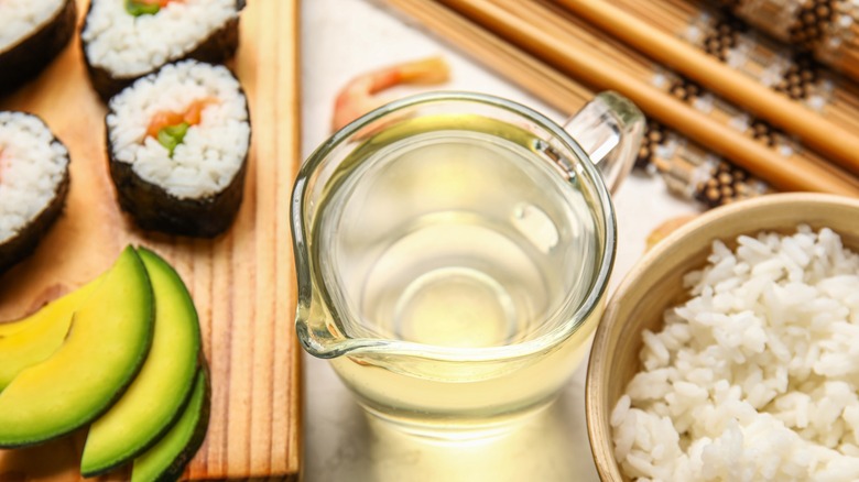 rice vinegar with sushi and white rice