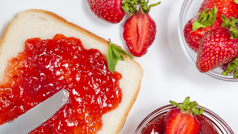 Strawberries, bread, and strawberry jam