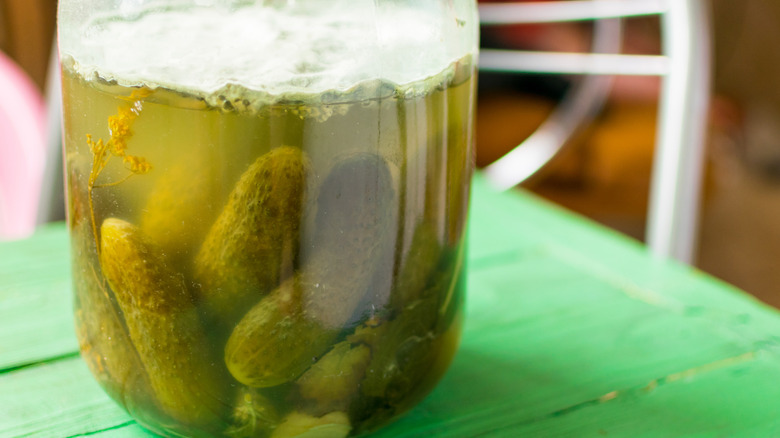 Jar of pickles with mold on top of brine