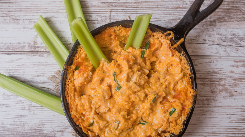 buffalo chicken dip in cast iron pan