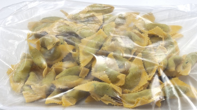 Store-bought fresh meat ravioli pasta in a cellophane bag