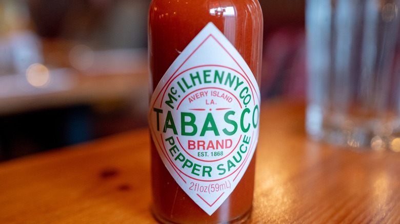 Tabasco hot sauce on table