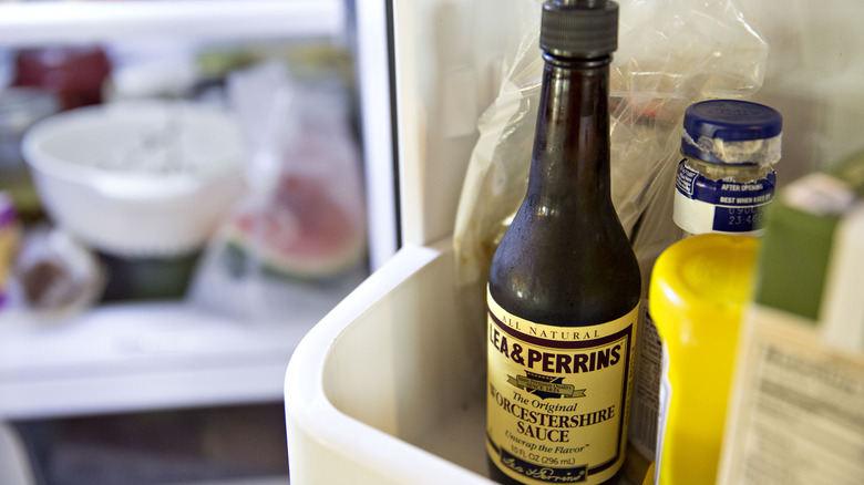 Worcestershire sauce on fridge shelf