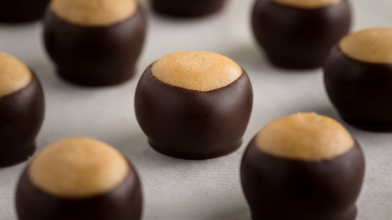 peanut butter balls on tray closeup