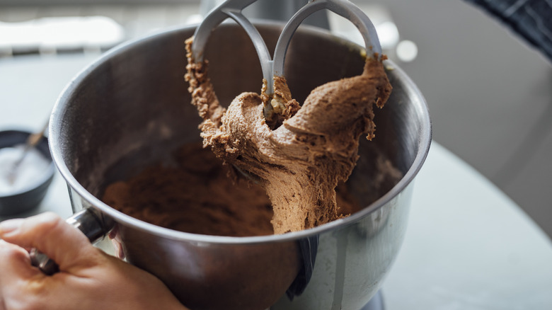 Brown batter in a stand mixer bowl