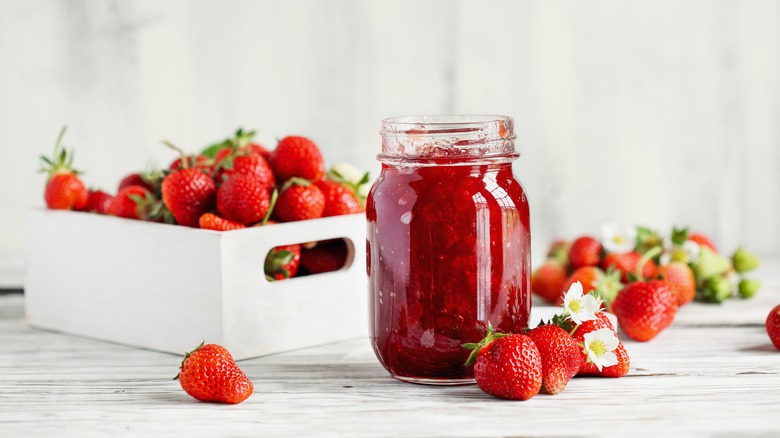 Strawberry jam on a countertop