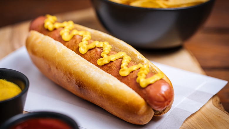 Close up of a hot dog with mustard