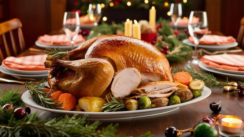 A whole turkey platter displayed on a dining room table