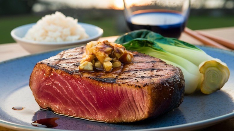 rare grilled tuna steak with bok choy