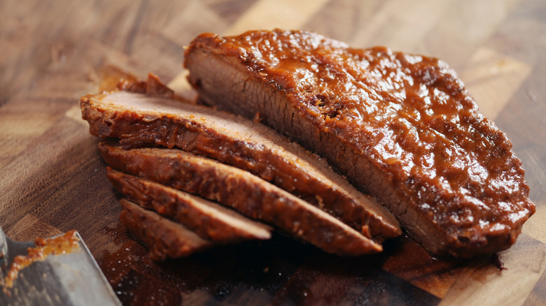 sliced brisket displayed