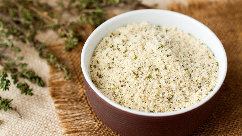 close up of a bowl of seasoned breadcrumbs