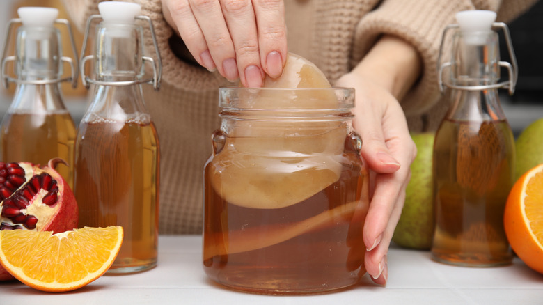 Homebrewer removing the scoby from a jar of homemade kombucha