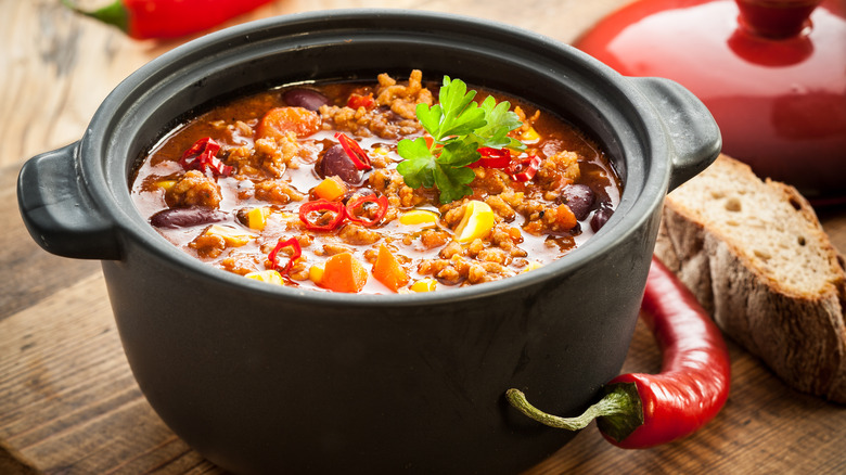 chili in cast iron pot