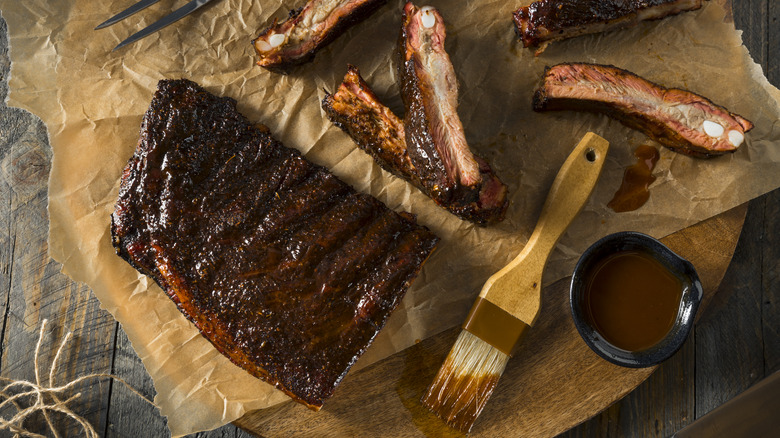 Rack of ribs on parchment paper