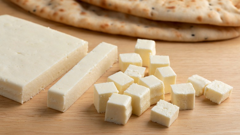 Cubed paneer cheese and naan