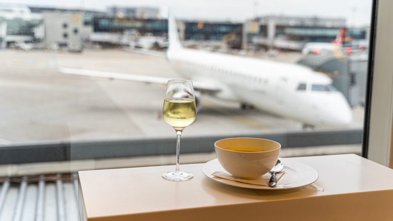 wine and soup at airport