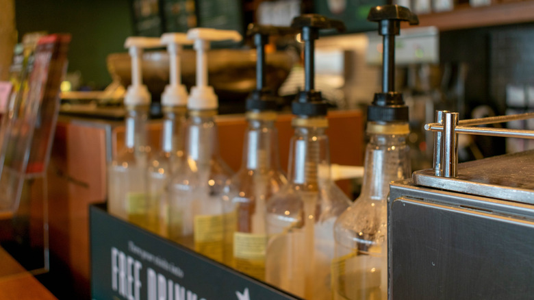 Starbucks syrups on counter