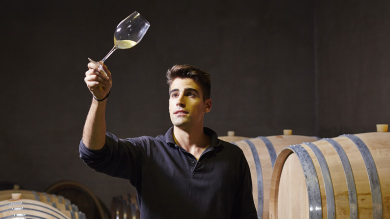 man looking at glass of wine in front of bottles