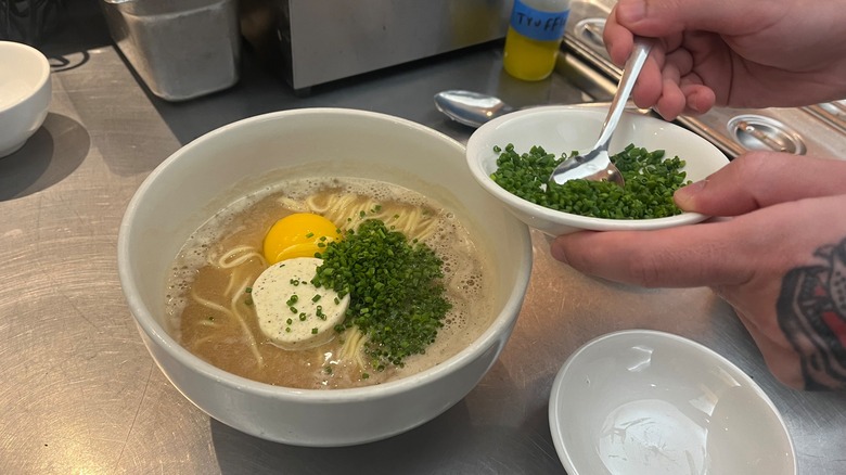 scallions in ramen bowl