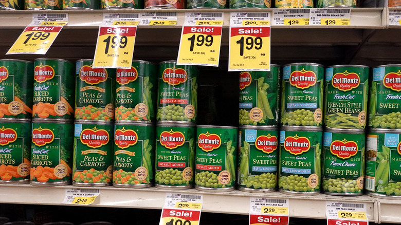 Canned vegetables on shelves