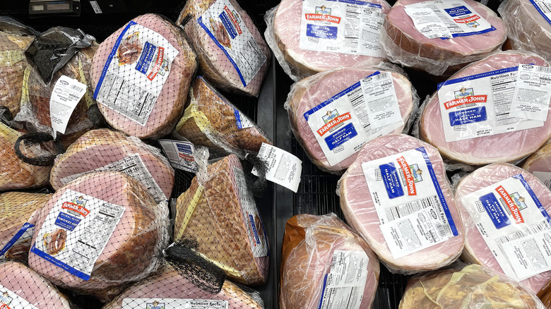 Smoked hams in grocery store