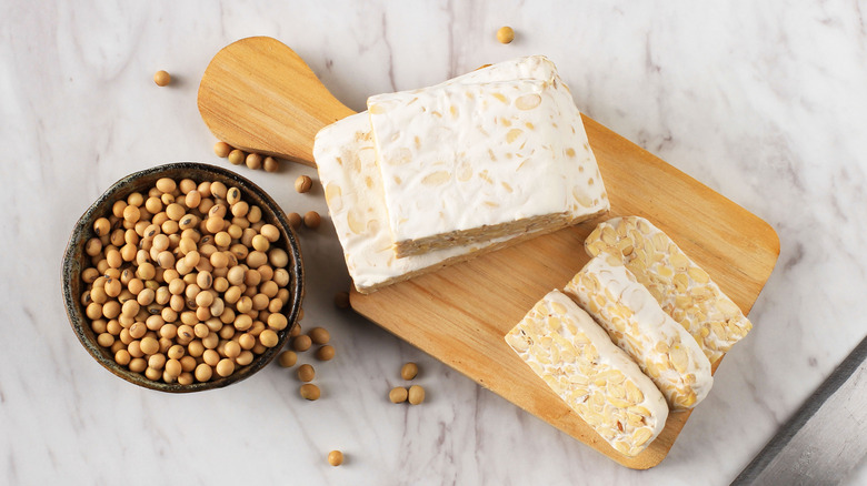 Tempeh on cutting board