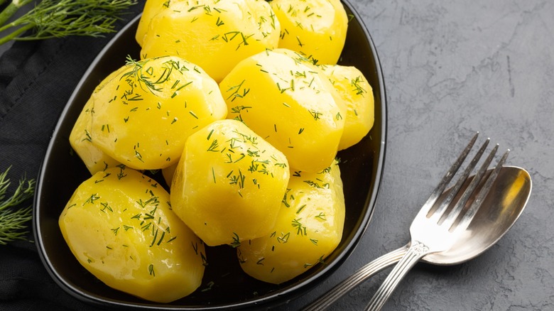 Boiled potatoes in a dish