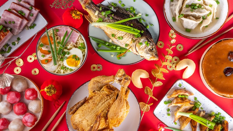 Chinese food on red backdrop