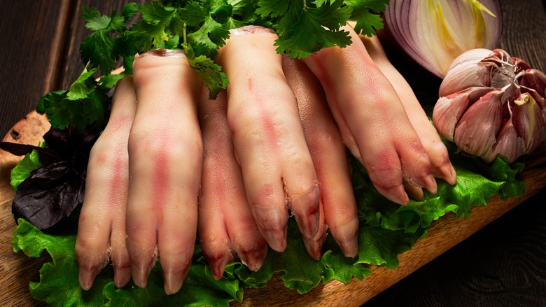 Pigs feet and garlic on tray