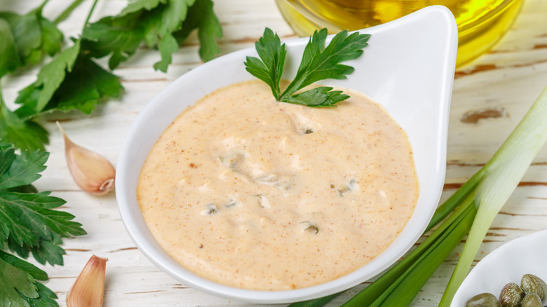 Remoulade in white dish with garnish