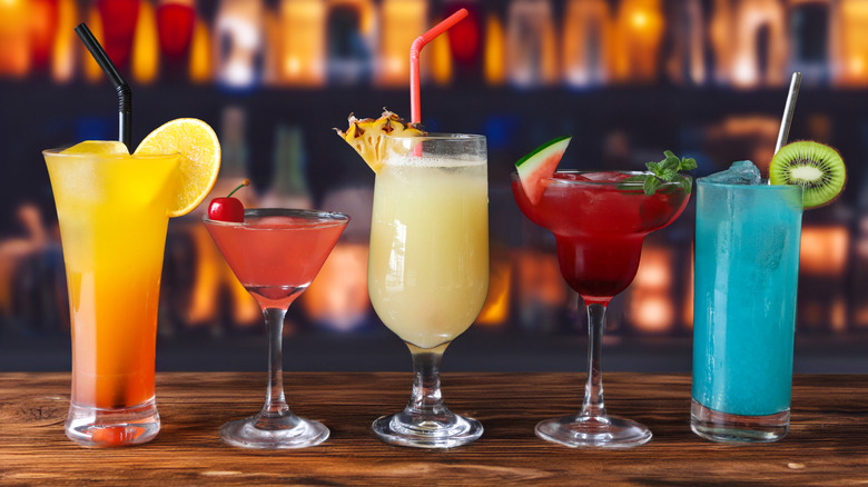 Array of cocktails on a restaurant bartop