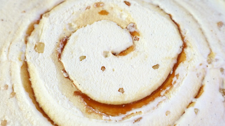 closeup of salted caramel iceing with a caramel swirl 