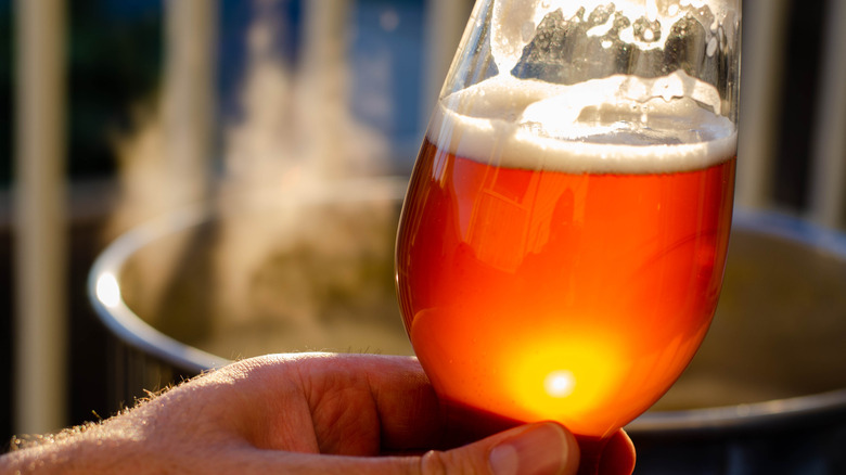 hand holding beer in glass