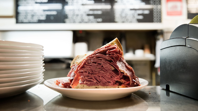 pastrami sandwich on counter