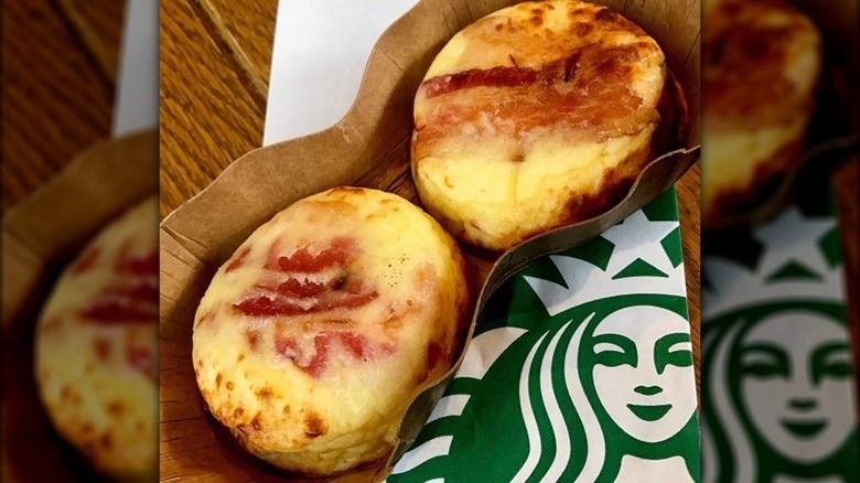 Close-up of two Starbucks egg bites