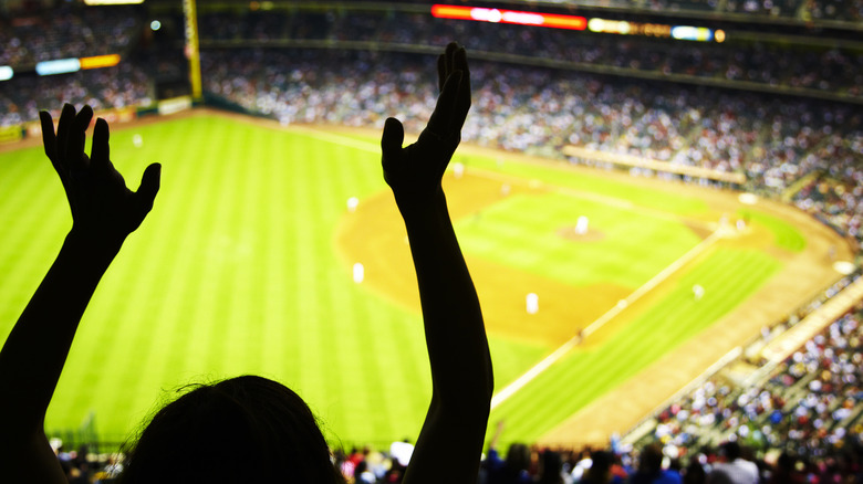 Baseball fan cheering at game